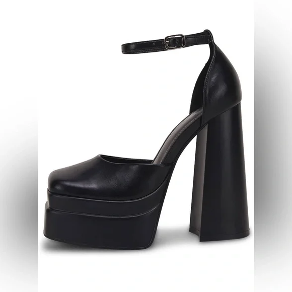 New Womens Platform Chunky High Block Heels Ankle Strap Closed Square Toe Pumps - Picture 3 of 5